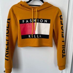 Small Shein mustard yellow graphic crop hoodie. Trillfiger lettering.